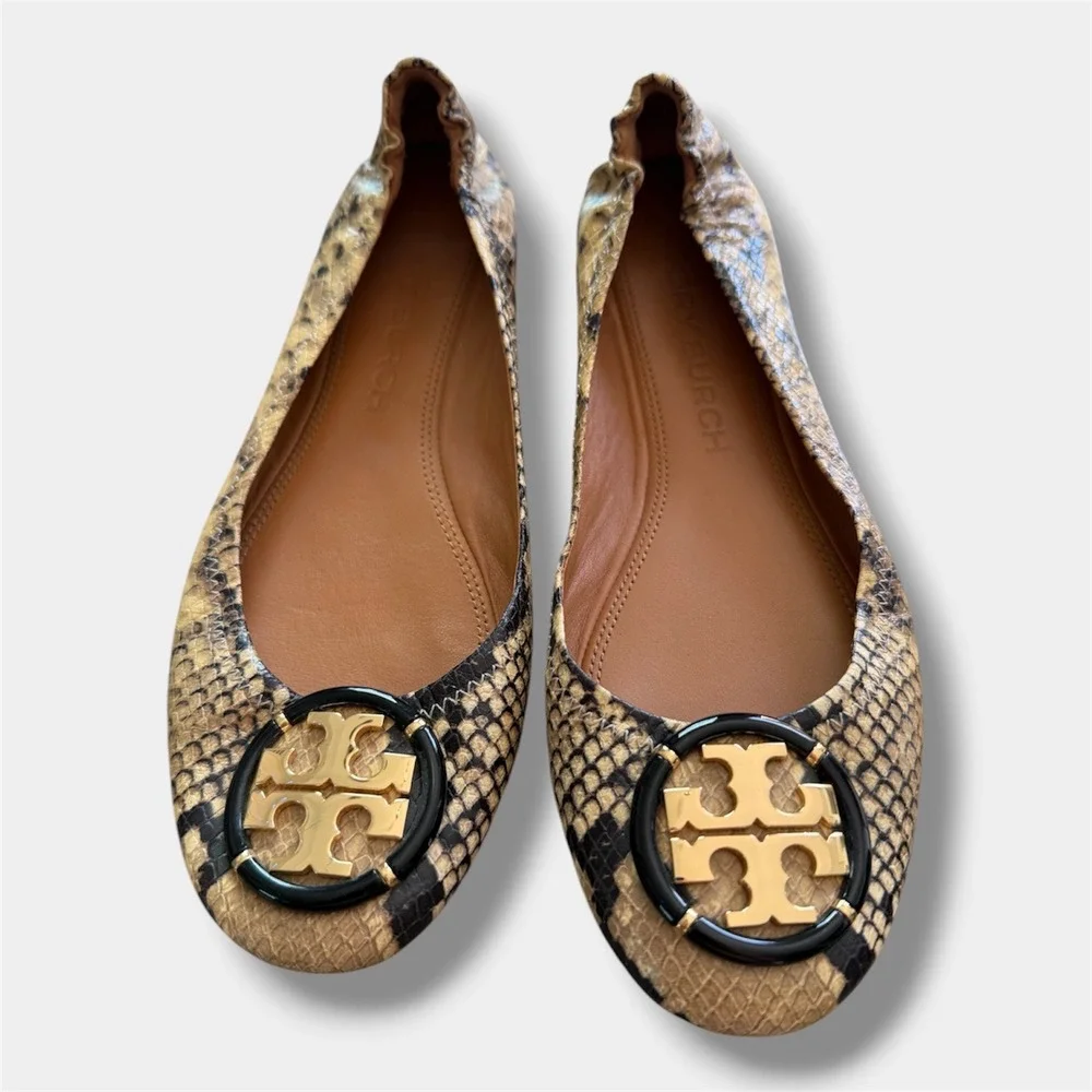 Tory Burch Reva‎ Ballet Flats Women 10M Tan Snakeskin Embossed Leather Logo Good